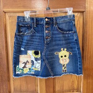 Old Navy Girls XL Sz 14 Denim Patchwork Jean Skirt Giraffe OOAK Boho Girl Style